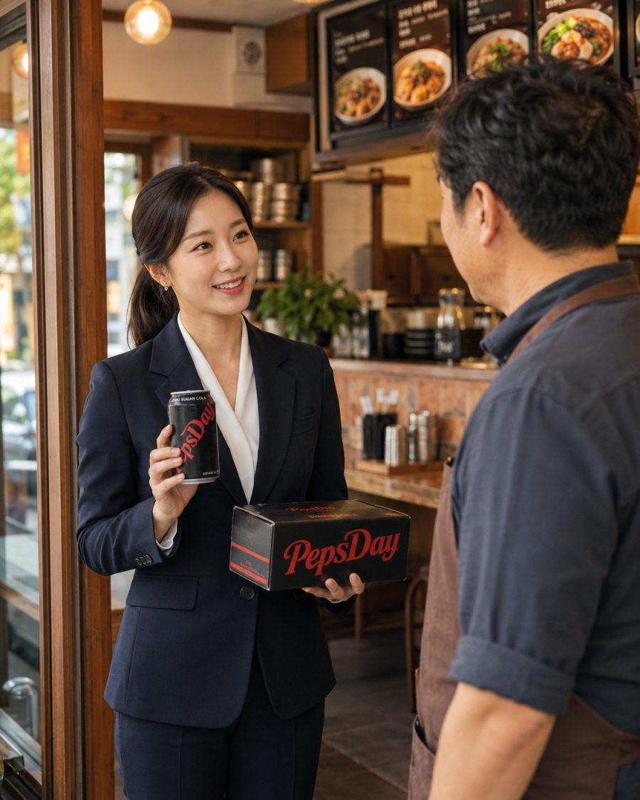 펩스데이 음료를 들고 식당 사장님과 상담하는 펩스플래너